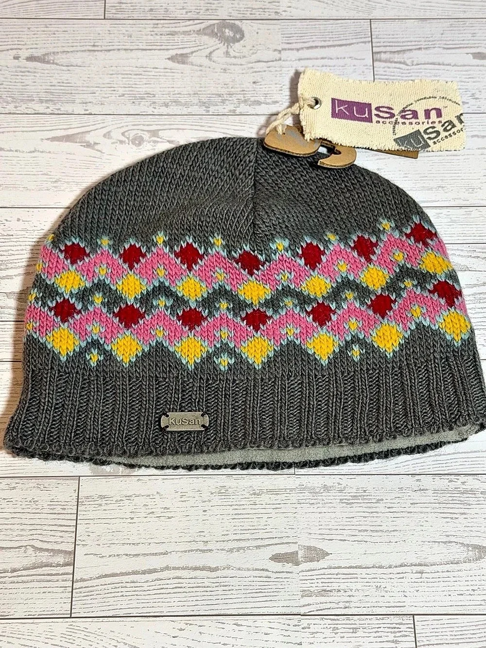 KuSan Wool Beanie Hat Gray Fair Isle Geometric Pull On Cap NWT PK 1804